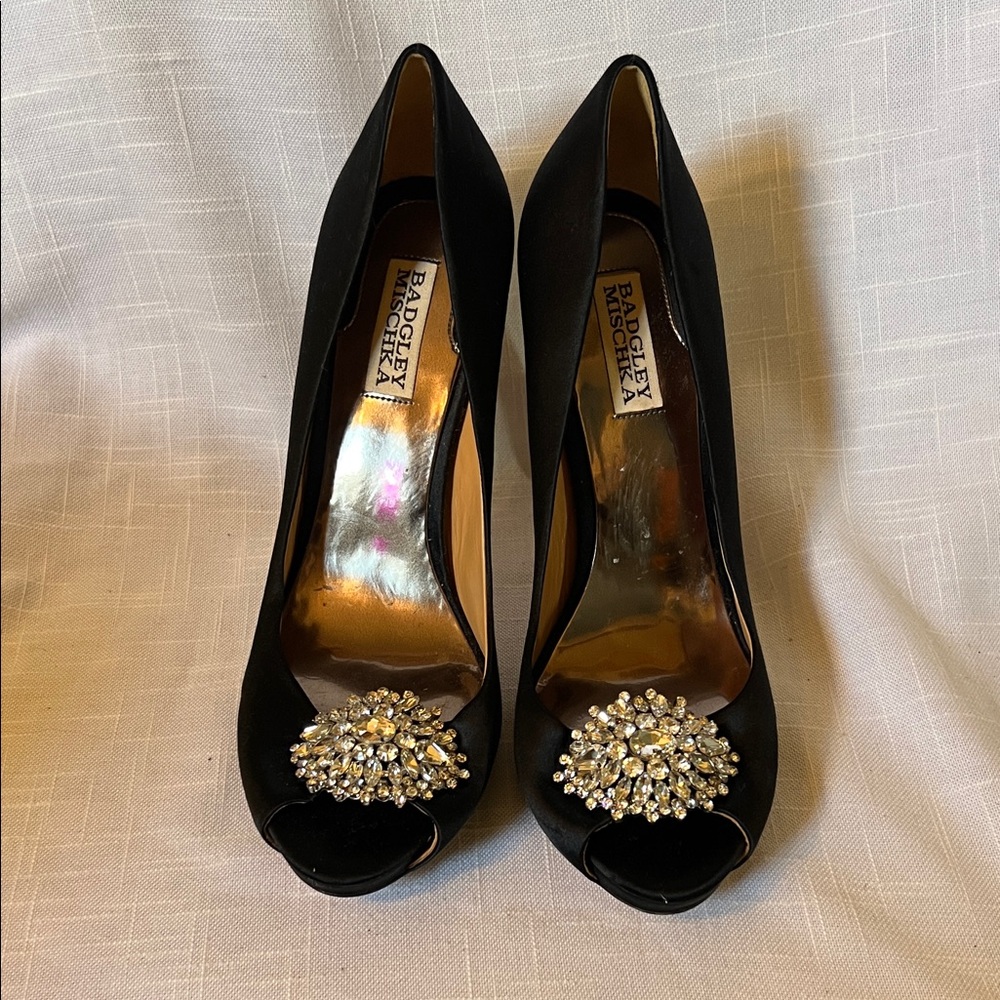 Badgley Mischka Black Jeweled Peep-Toe Heels